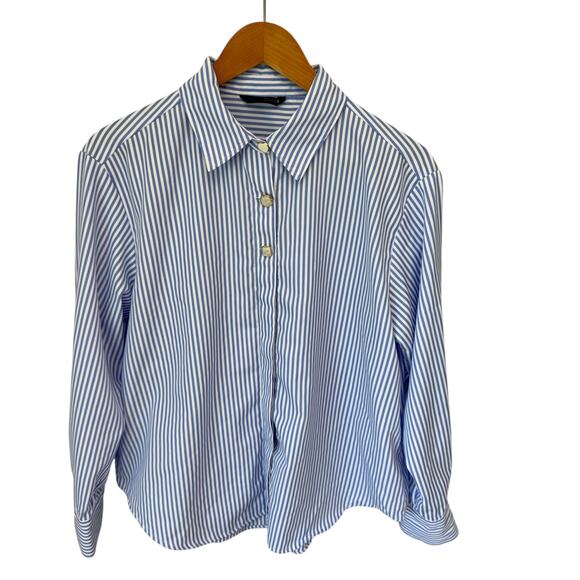 ZARA Shirt Womens Large Blue Striped Poplin Contrasting Buttons Lightweight - Picture 1 of 11